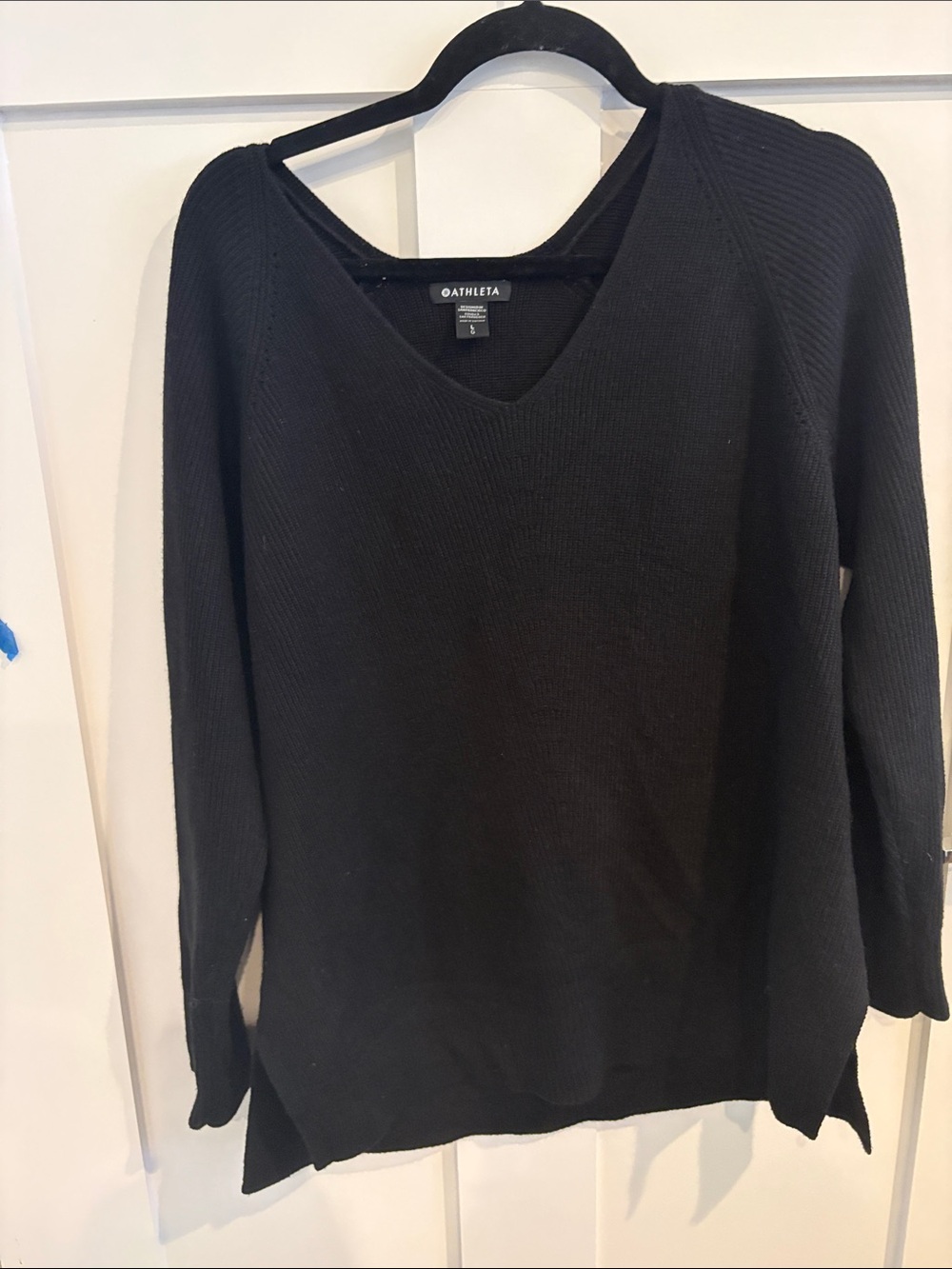 Athleta Black V-Neck Ribbed Knit Sweater